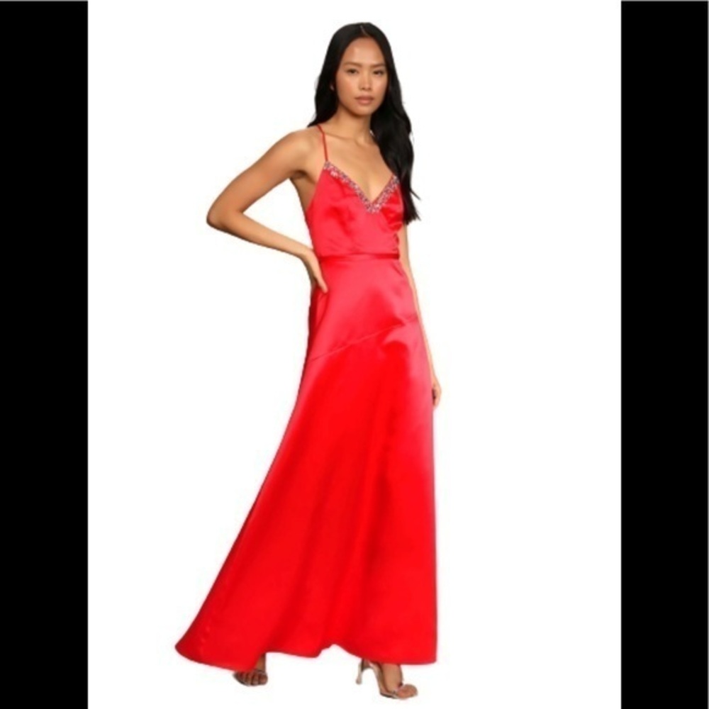 Lulu’s In My Fantasy red satin rhinestone maxi dress NWT size M